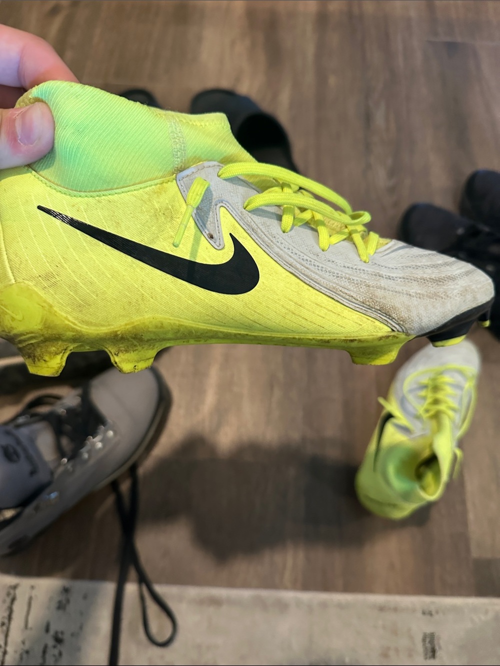 Nike Volt Yellow and Light Gray Soccer Cleats with Black Swoosh